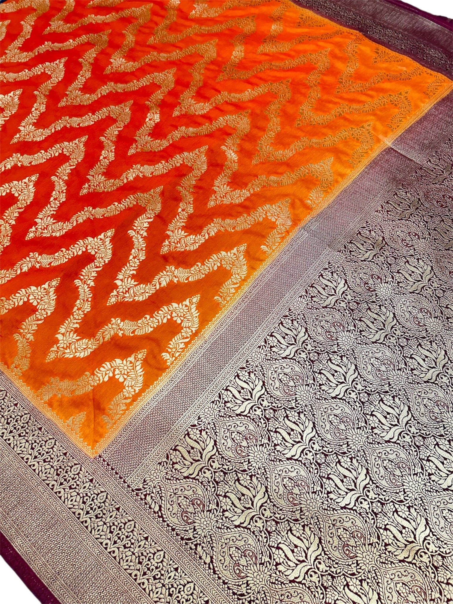 Elegant Warm Silk Banarasi Saree – Kesari Orange with Rich Maroon Zari Border