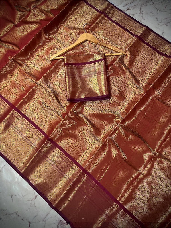 Elegant Copper Gold Banarasi Katan Silk Saree with Rich Zari Weaving & Brocade Blouse Piece