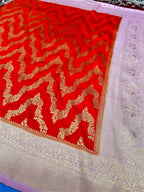 Royal Vermilion Red Banarasi Katan Silk Saree with Rich Golden Zari Weaving & Brocade Blouse Piece