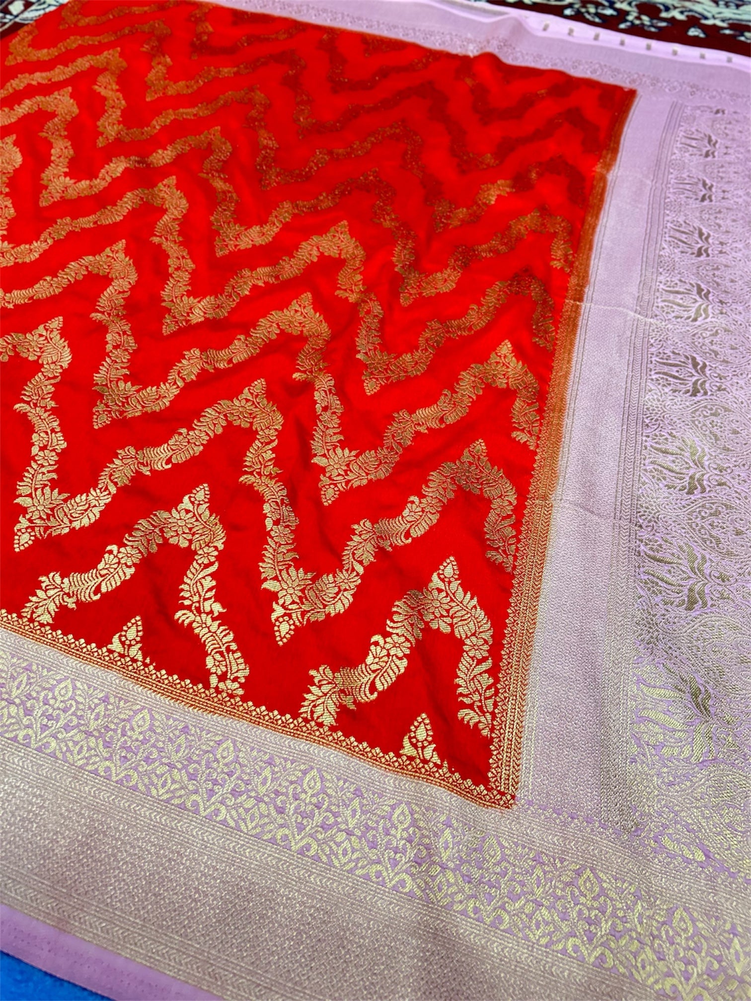 Royal Vermilion Red Banarasi Katan Silk Saree with Rich Golden Zari Weaving & Brocade Blouse Piece