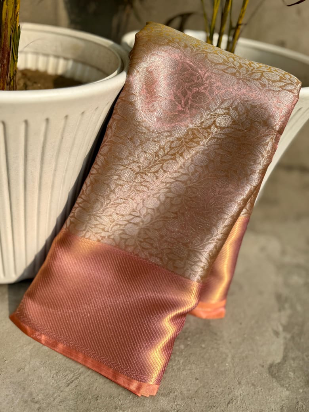 Sai Pallavi Inspired Elegant Peach Pink Tissue Banarasi Saree with Rich Golden Border