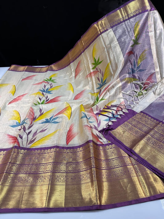 Elegant Tissue Handbrush Work Saree