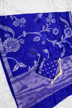 Elegant Royal Blue Banarasi Chiniya Silk Saree with Silver Zari Floral Weaving