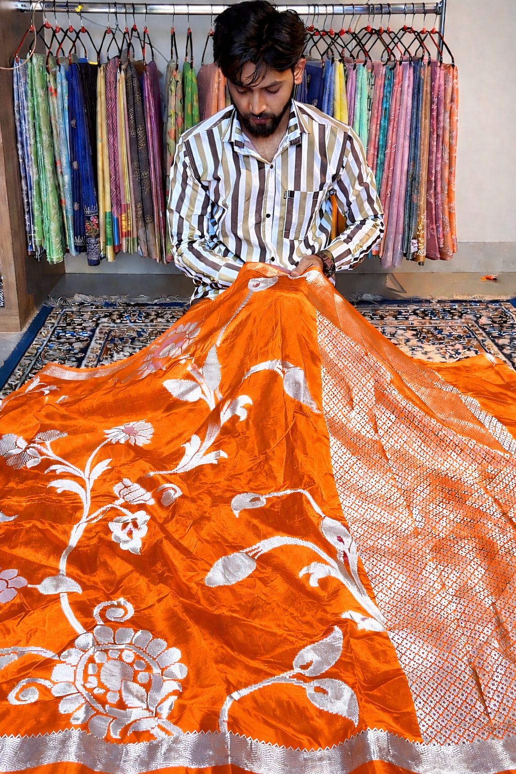 Premium Elegant Orange Banarasi Chiniya Silk Saree with Silver Zari Weaving