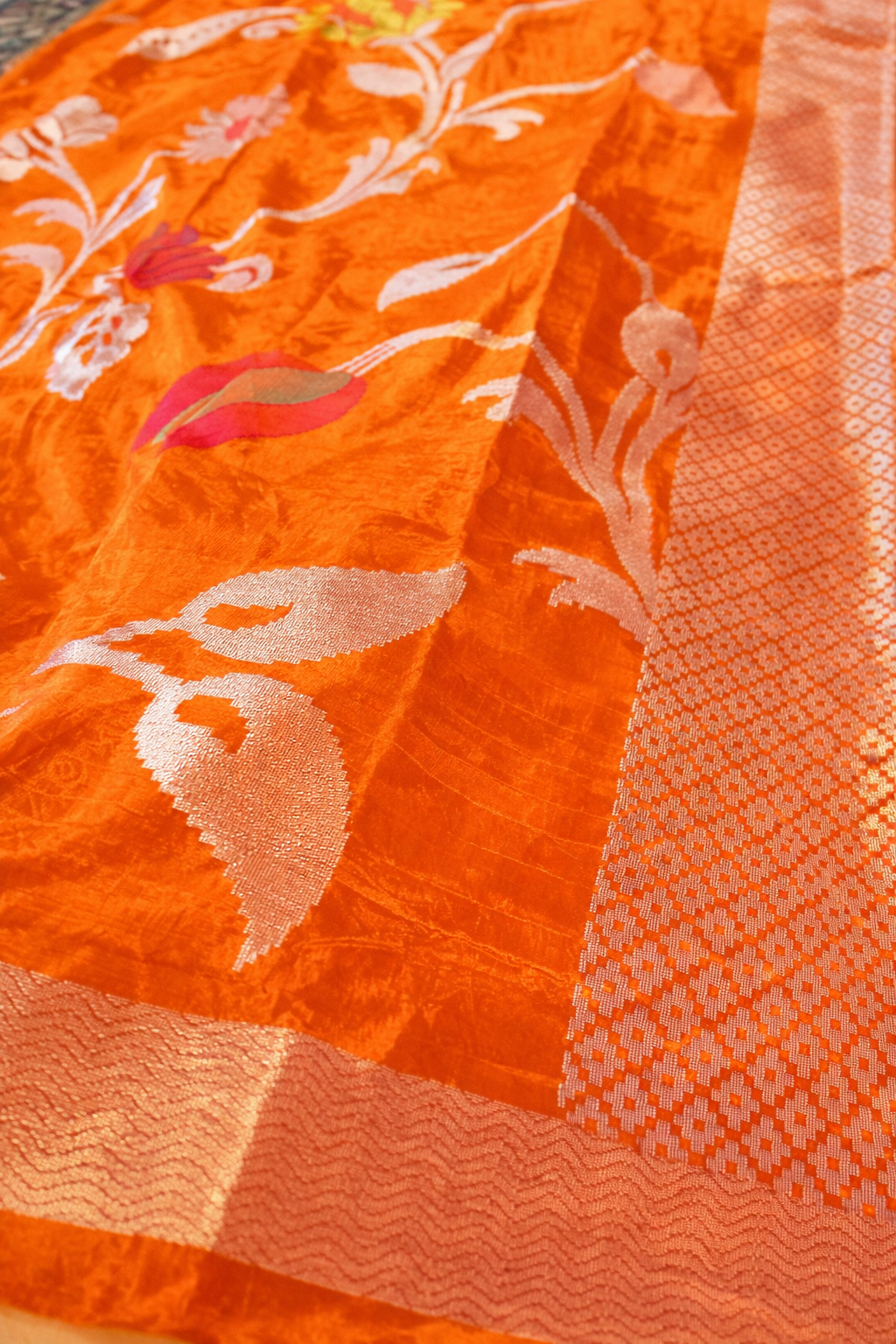 Premium Elegant Orange Banarasi Chiniya Silk Saree with Silver Zari Weaving