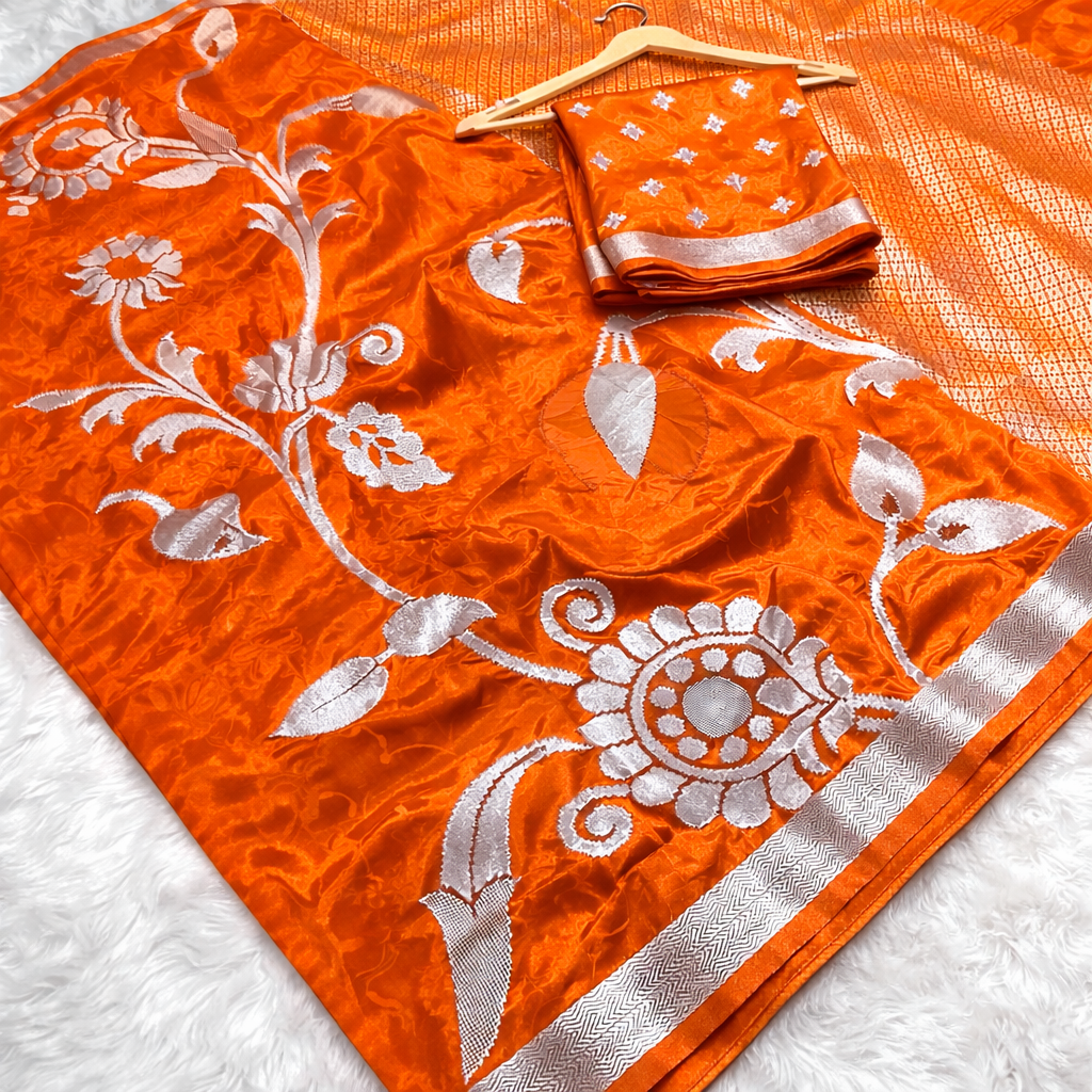 Premium Elegant Orange Banarasi Chiniya Silk Saree with Silver Zari Weaving