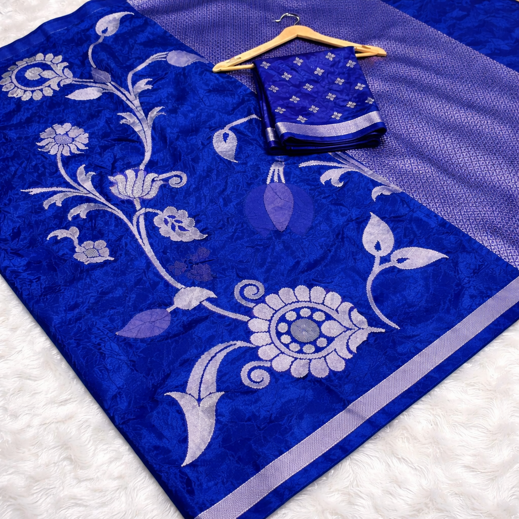 Elegant Royal Blue Banarasi Chiniya Silk Saree with Silver Zari Floral Weaving
