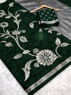 Royal Dark Green Banarasi Chiniya Silk Saree with Elegant Silver Zari Work