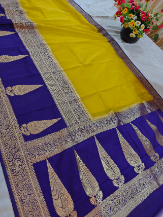 Elegant Royal Yellow & Blue Khaddi Georgette Banarasi Saree with Rich Zari Weaving