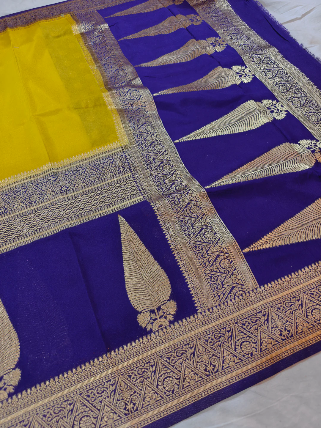 Elegant Royal Yellow & Blue Khaddi Georgette Banarasi Saree with Rich Zari Weaving