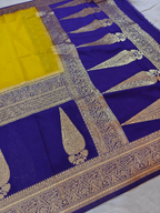 Elegant Royal Yellow & Blue Khaddi Georgette Banarasi Saree with Rich Zari Weaving