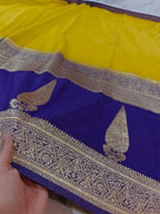 Elegant Royal Yellow & Blue Khaddi Georgette Banarasi Saree with Rich Zari Weaving