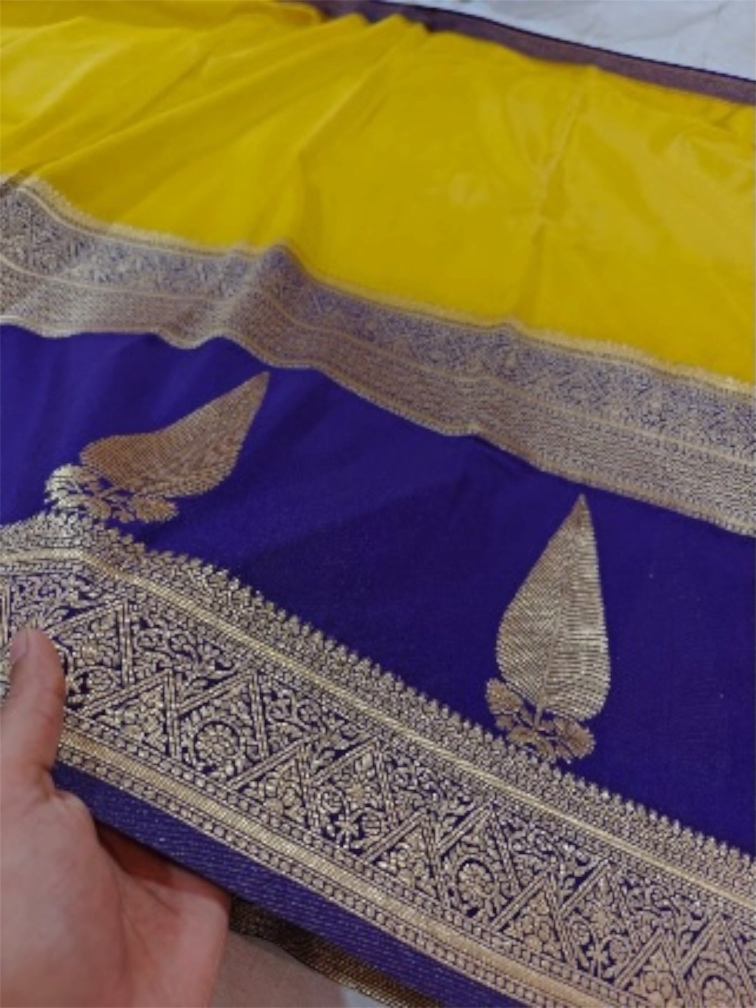 Elegant Royal Yellow & Blue Khaddi Georgette Banarasi Saree with Rich Zari Weaving
