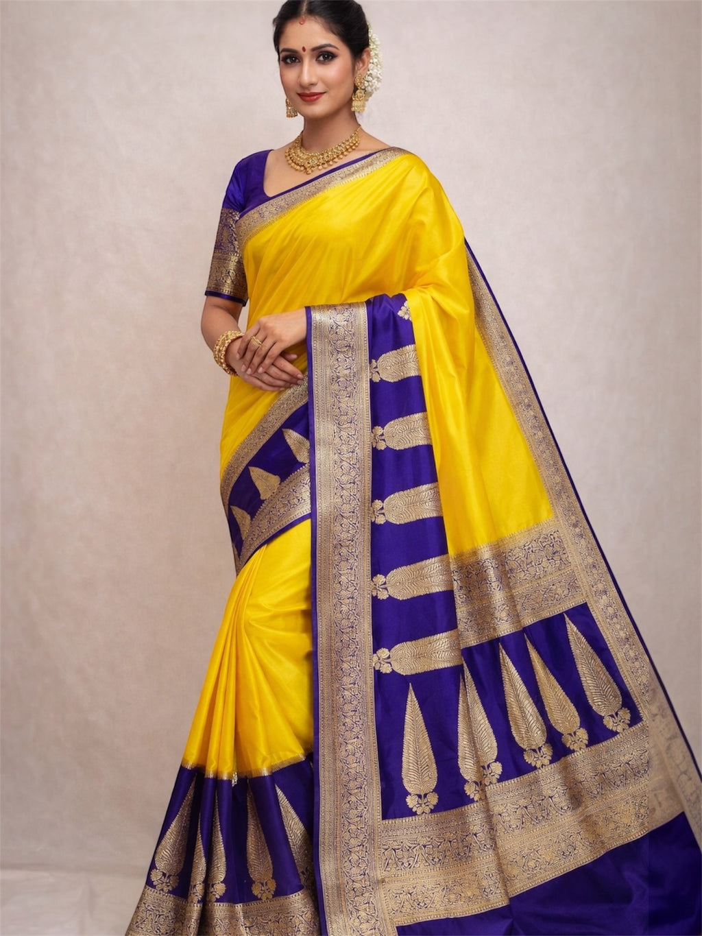 Elegant Royal Yellow & Blue Khaddi Georgette Banarasi Saree with Rich Zari Weaving