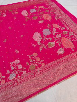 Luxurious Rani Pink Khaddi Georgette Banarasi Saree with Elegant Floral Zari Design