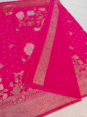 Luxurious Rani Pink Khaddi Georgette Banarasi Saree with Elegant Floral Zari Design