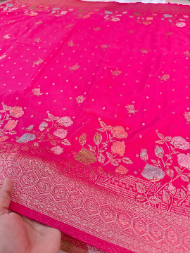 Luxurious Rani Pink Khaddi Georgette Banarasi Saree with Elegant Floral Zari Design