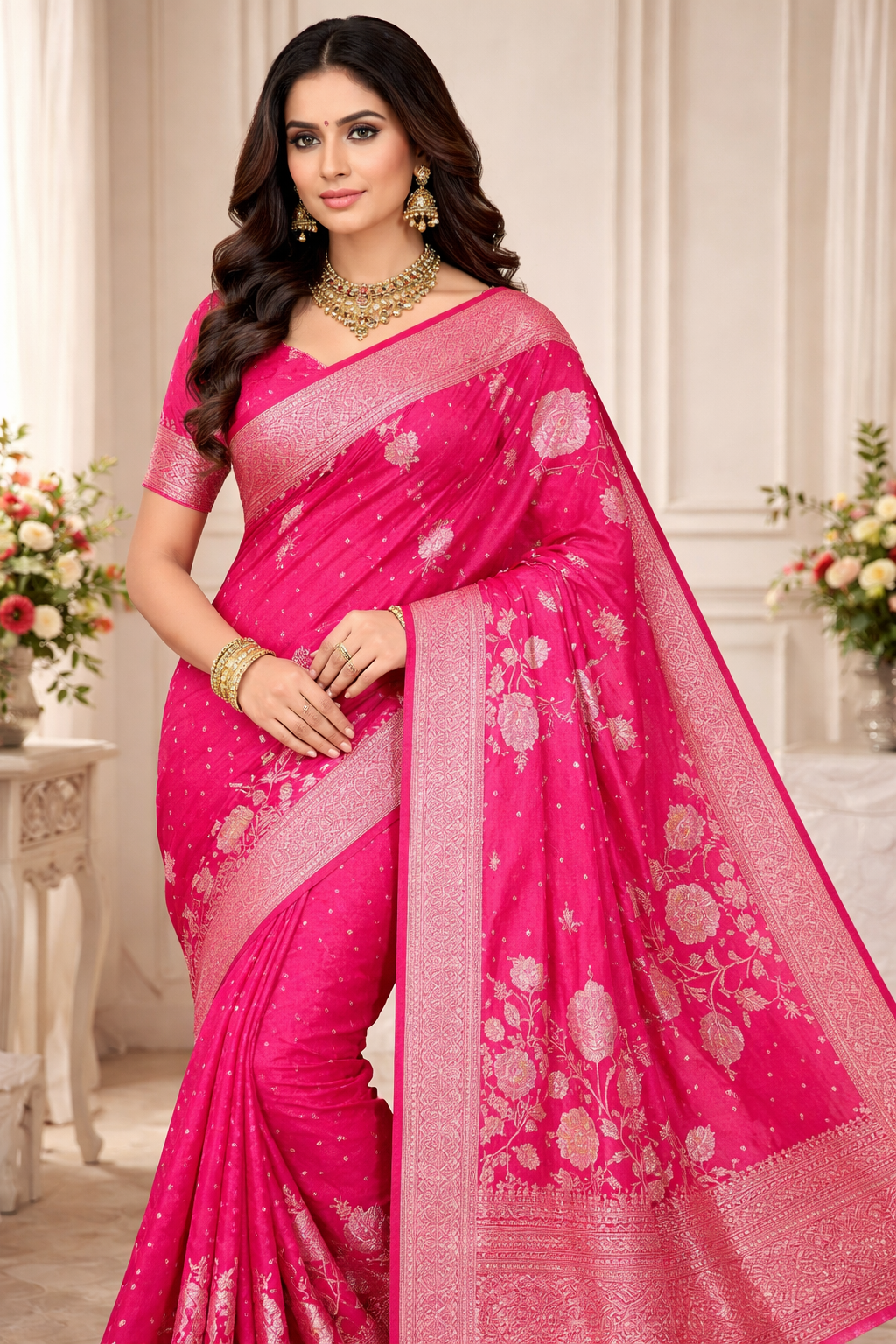 Luxurious Rani Pink Khaddi Georgette Banarasi Saree with Elegant Floral Zari Design