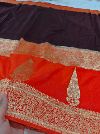 Elegant Red Khaddi Georgette Banarasi Saree with Rich Zari Border & Contrast Blouse