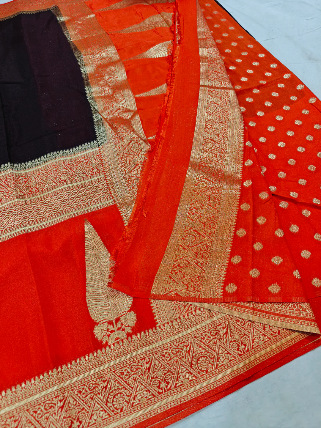 Elegant Red Khaddi Georgette Banarasi Saree with Rich Zari Border & Contrast Blouse