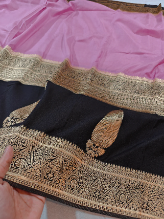 Luxury Black Khaddi Georgette Banarasi Saree with Pink Contrast & Rich Zari Border