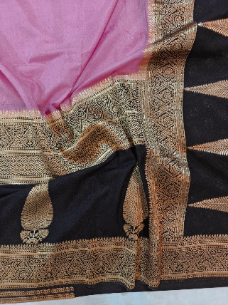 Luxury Black Khaddi Georgette Banarasi Saree with Pink Contrast & Rich Zari Border