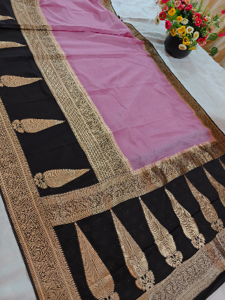Luxury Black Khaddi Georgette Banarasi Saree with Pink Contrast & Rich Zari Border