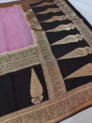Luxury Black Khaddi Georgette Banarasi Saree with Pink Contrast & Rich Zari Border