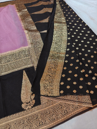 Luxury Black Khaddi Georgette Banarasi Saree with Pink Contrast & Rich Zari Border