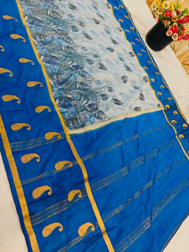 Elegant Blue Crepe Digital Printed Saree with Designer Border & Paisley Motifs