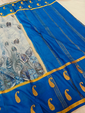 Elegant Blue Crepe Digital Printed Saree with Designer Border & Paisley Motifs