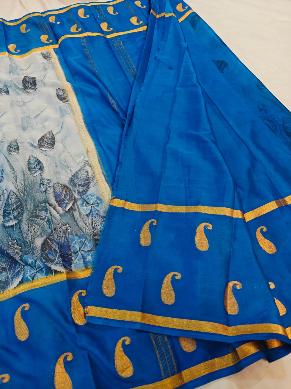 Elegant Blue Crepe Digital Printed Saree with Designer Border & Paisley Motifs