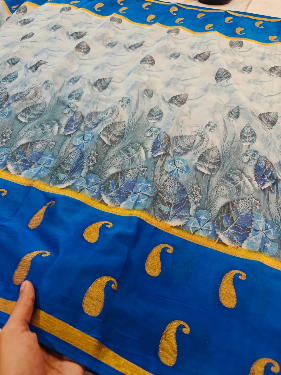 Elegant Blue Crepe Digital Printed Saree with Designer Border & Paisley Motifs