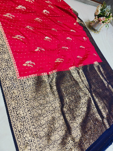 Elegant Rich Red Khaddi Georgette Banarasi Saree with Navy Blue Zari Border – Lightweight Festive Wear