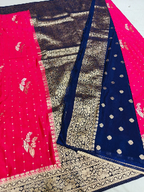 Elegant Rich Red Khaddi Georgette Banarasi Saree with Navy Blue Zari Border – Lightweight Festive Wear