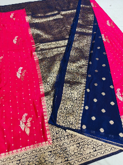 Elegant Rich Red Khaddi Georgette Banarasi Saree with Navy Blue Zari Border – Lightweight Festive Wear