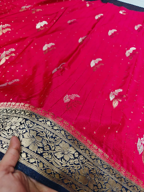 Elegant Rich Red Khaddi Georgette Banarasi Saree with Navy Blue Zari Border – Lightweight Festive Wear