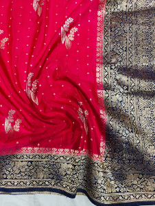 Elegant Rich Red Khaddi Georgette Banarasi Saree with Navy Blue Zari Border – Lightweight Festive Wear