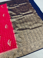 Elegant Rich Red Khaddi Georgette Banarasi Saree with Navy Blue Zari Border – Lightweight Festive Wear