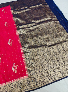 Elegant Rich Red Khaddi Georgette Banarasi Saree with Navy Blue Zari Border – Lightweight Festive Wear