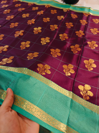 GARNET BANARASI KATAN SAREE WITH SEA GREEN BORDER INTRICATE CHECKS