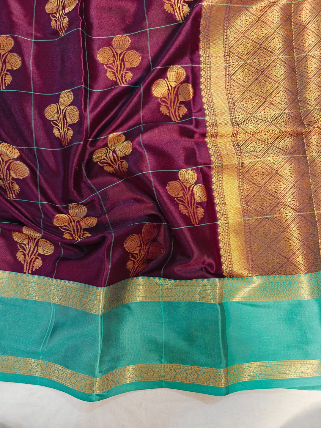 GARNET BANARASI KATAN SAREE WITH SEA GREEN BORDER INTRICATE CHECKS