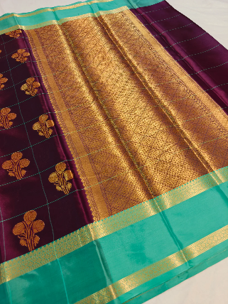GARNET BANARASI KATAN SAREE WITH SEA GREEN BORDER INTRICATE CHECKS