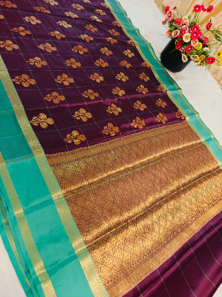 GARNET BANARASI KATAN SAREE WITH SEA GREEN BORDER INTRICATE CHECKS