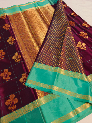 GARNET BANARASI KATAN SAREE WITH SEA GREEN BORDER INTRICATE CHECKS