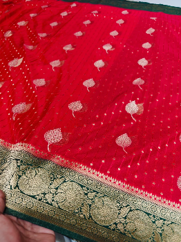 Royal Red Khaddi Georgette Banarasi Saree with Rich Green Zari Pallu