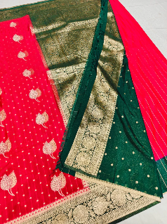 Royal Red Khaddi Georgette Banarasi Saree with Rich Green Zari Pallu