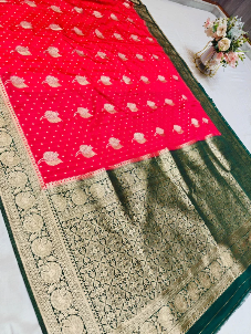 Royal Red Khaddi Georgette Banarasi Saree with Rich Green Zari Pallu