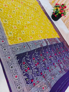 Elegant Yellow Khaddi Georgette Banarasi Saree with Rich Purple Pallu