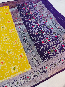 Elegant Yellow Khaddi Georgette Banarasi Saree with Rich Purple Pallu